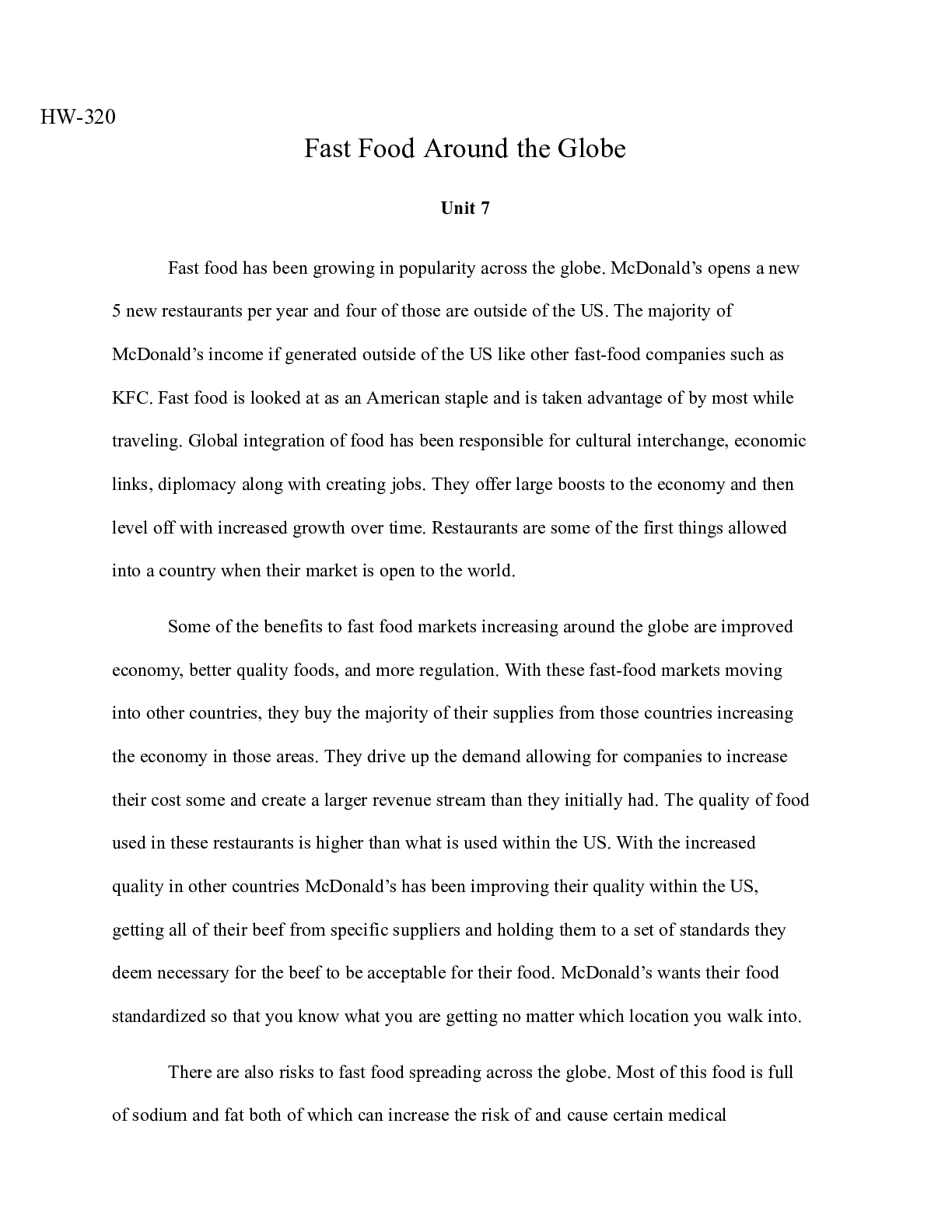 Preview image for HW320 Unit7.docx  HW-320  Fast Food Around the Globe  Unit 7  Fast food has been growing i